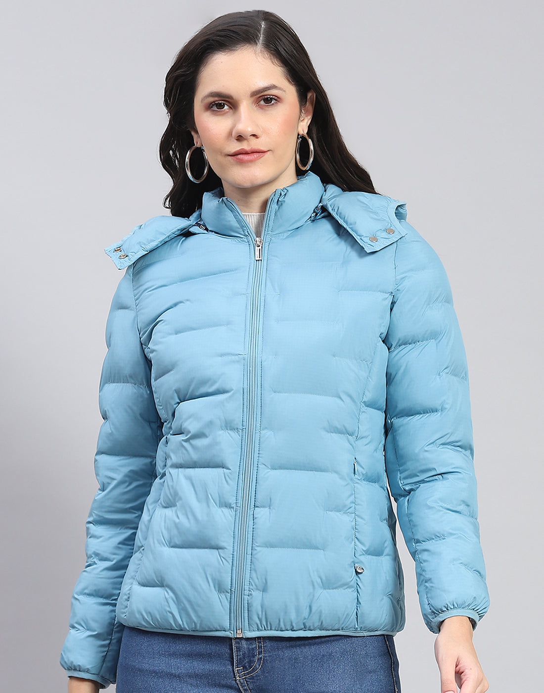 Women Turquoise Blue Solid Hooded Full Sleeve Jacket