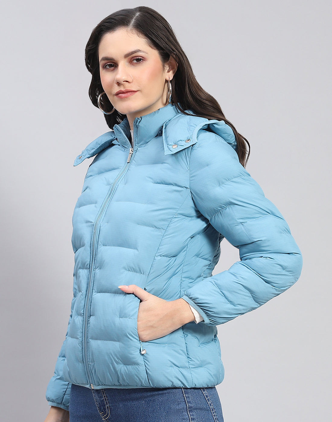 Women Turquoise Blue Solid Hooded Full Sleeve Jacket