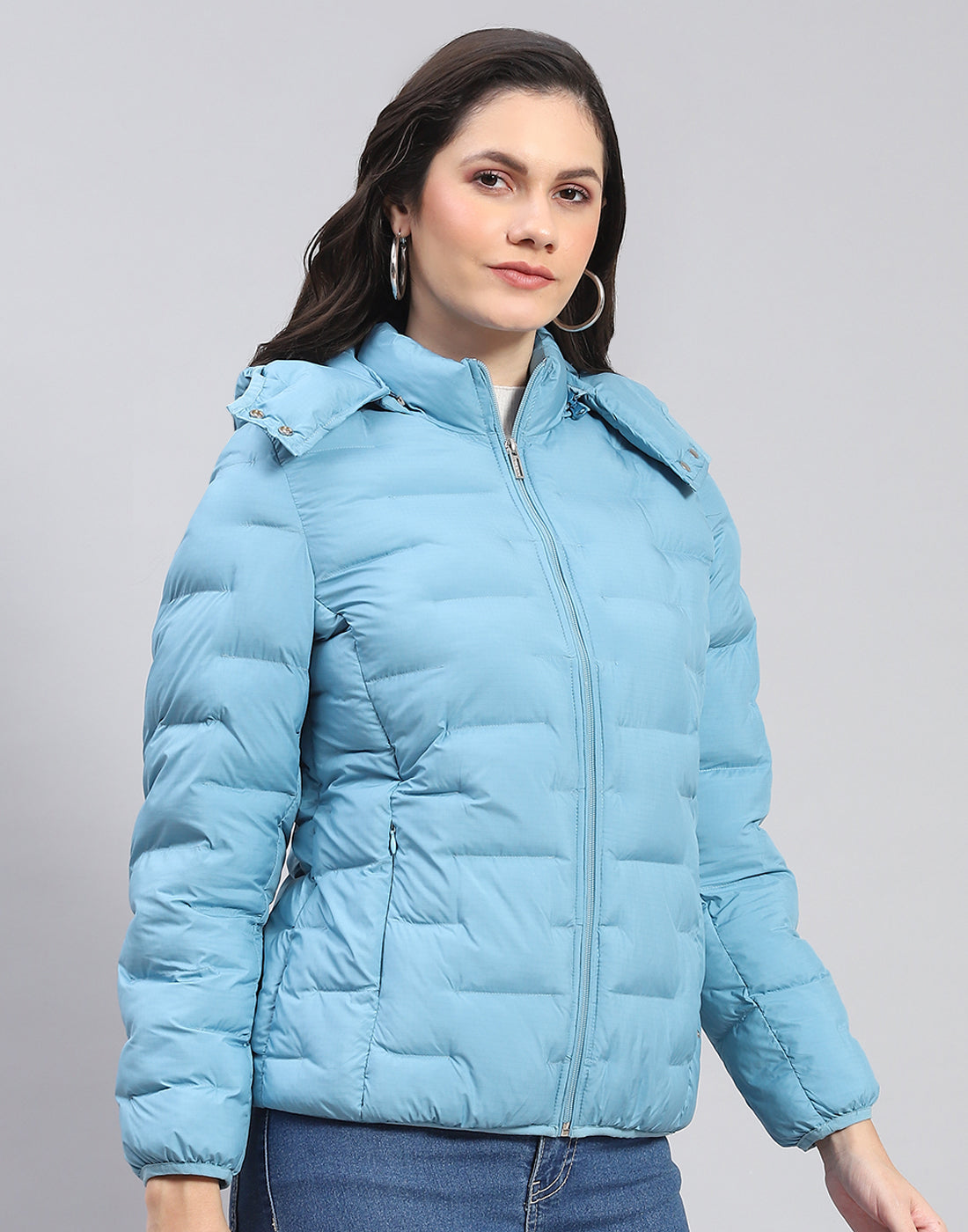 Women Turquoise Blue Solid Hooded Full Sleeve Jacket