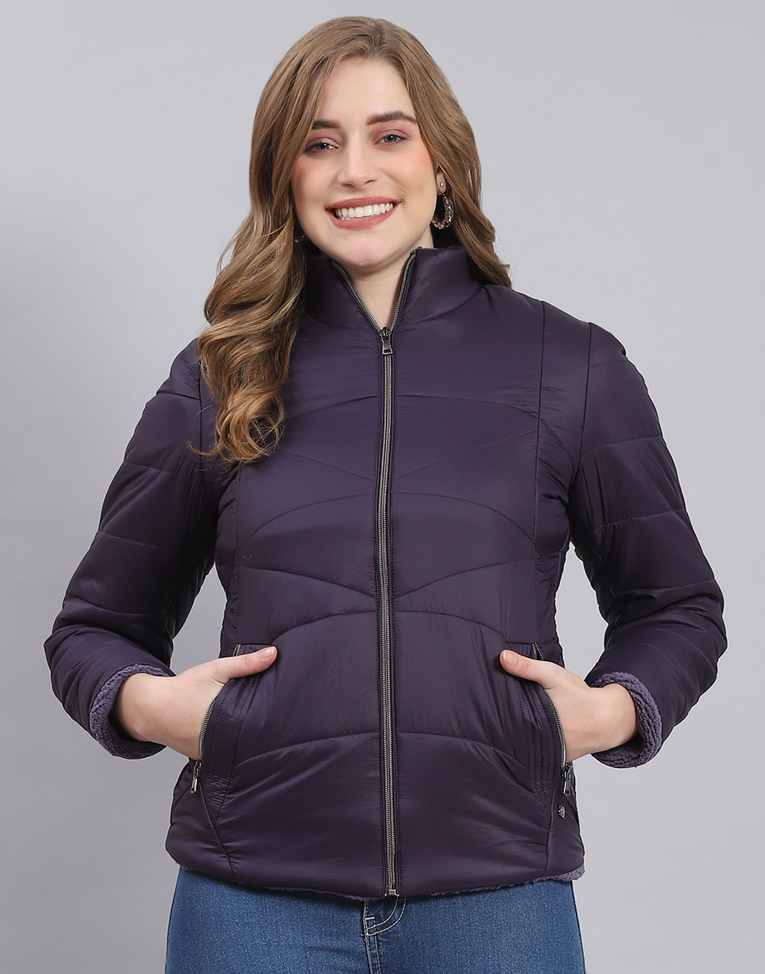Women Navy Blue Solid Stand Collar Full Sleeve Jacket