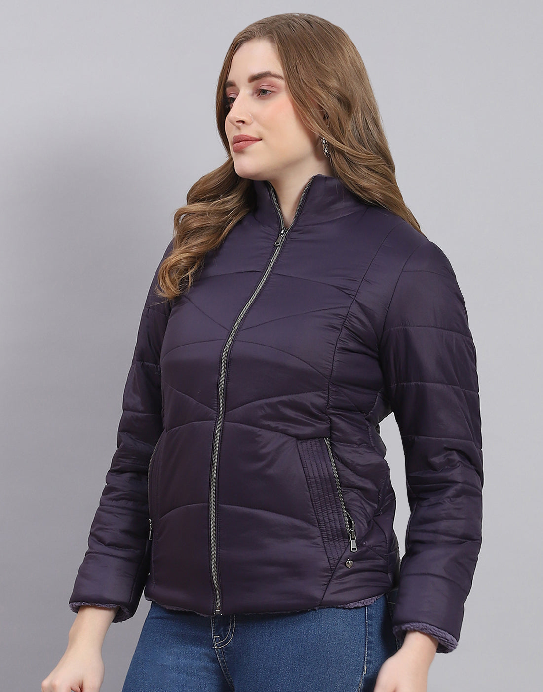 Women Navy Blue Solid Stand Collar Full Sleeve Jacket