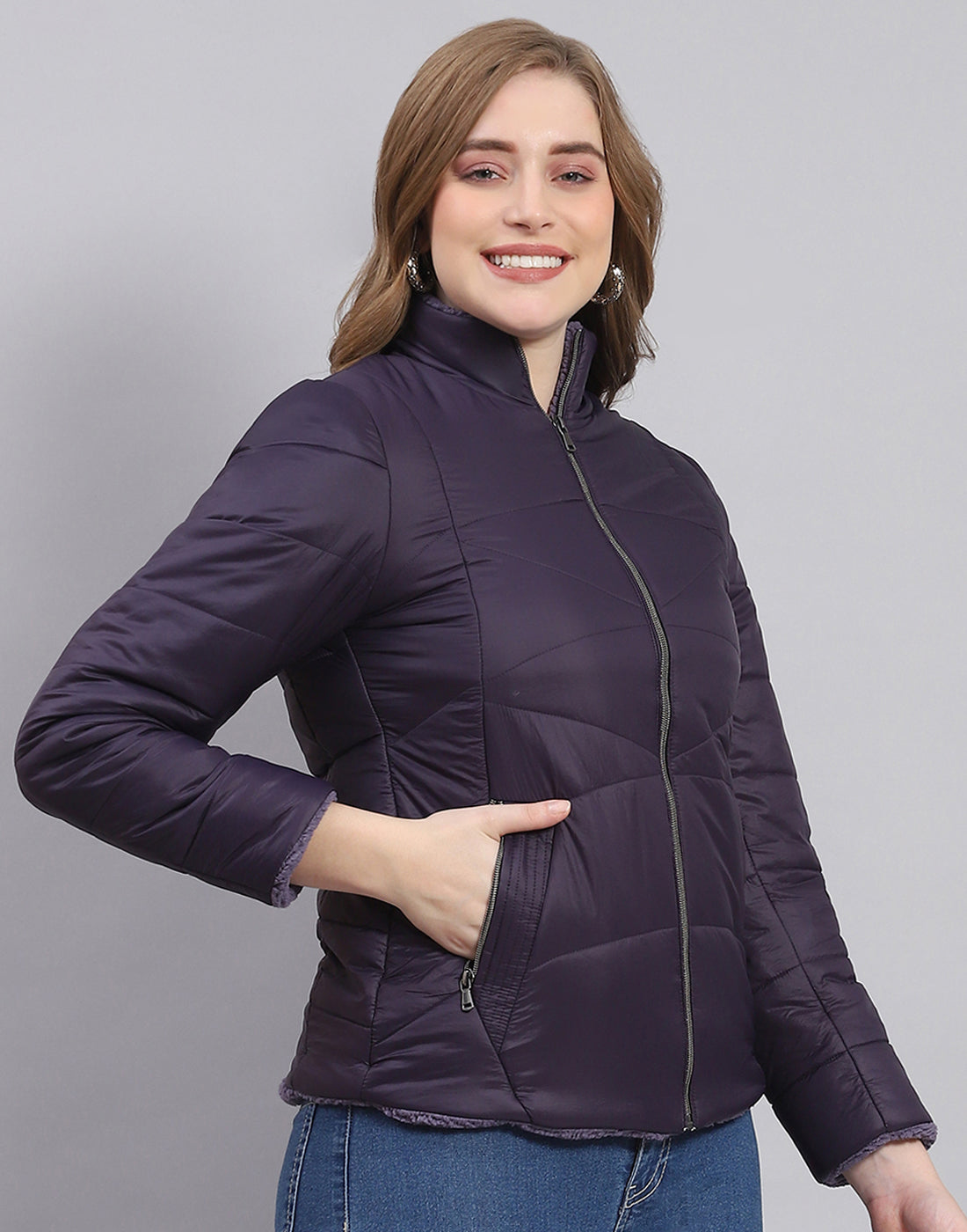Women Navy Blue Solid Stand Collar Full Sleeve Jacket