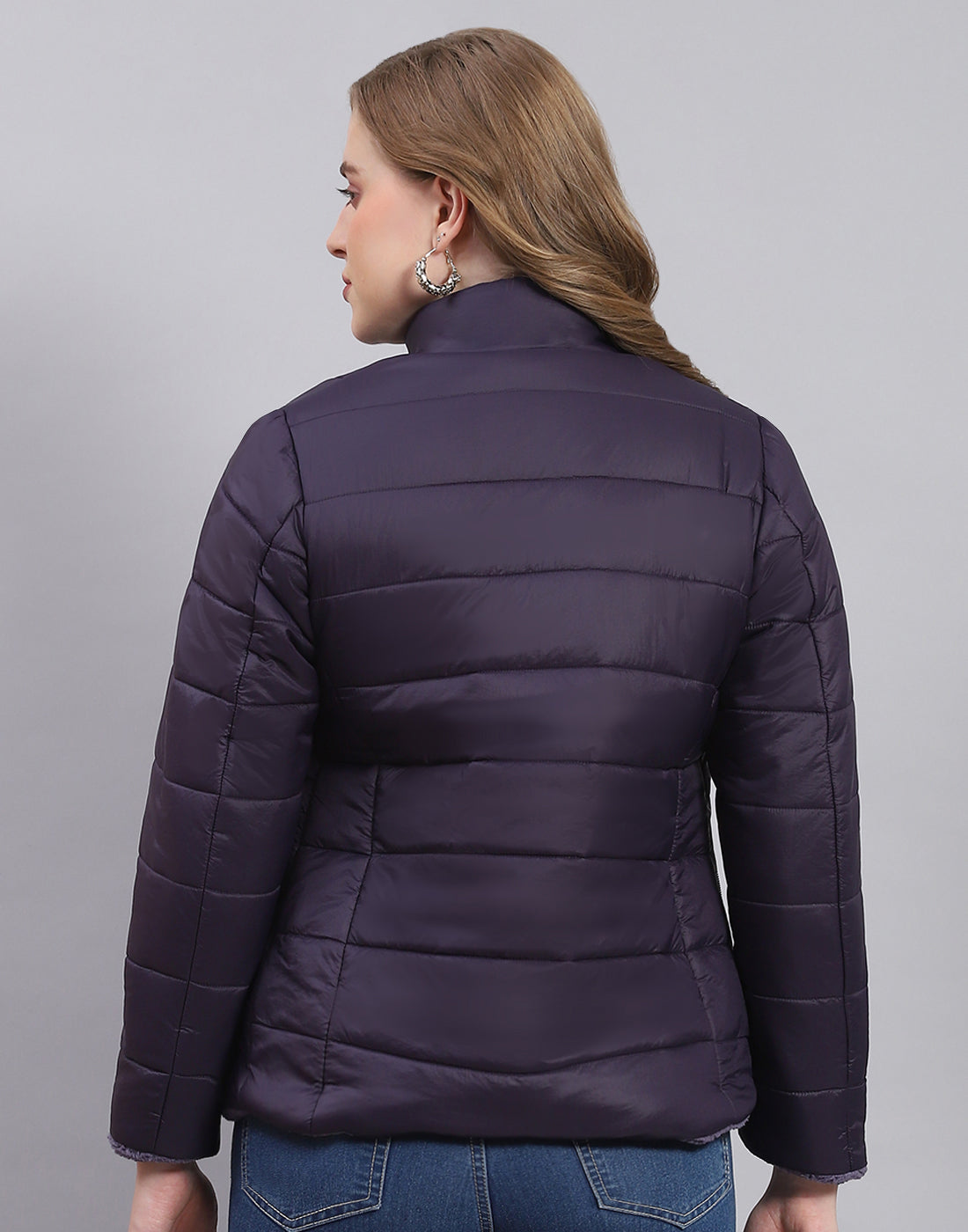 Women Navy Blue Solid Stand Collar Full Sleeve Jacket