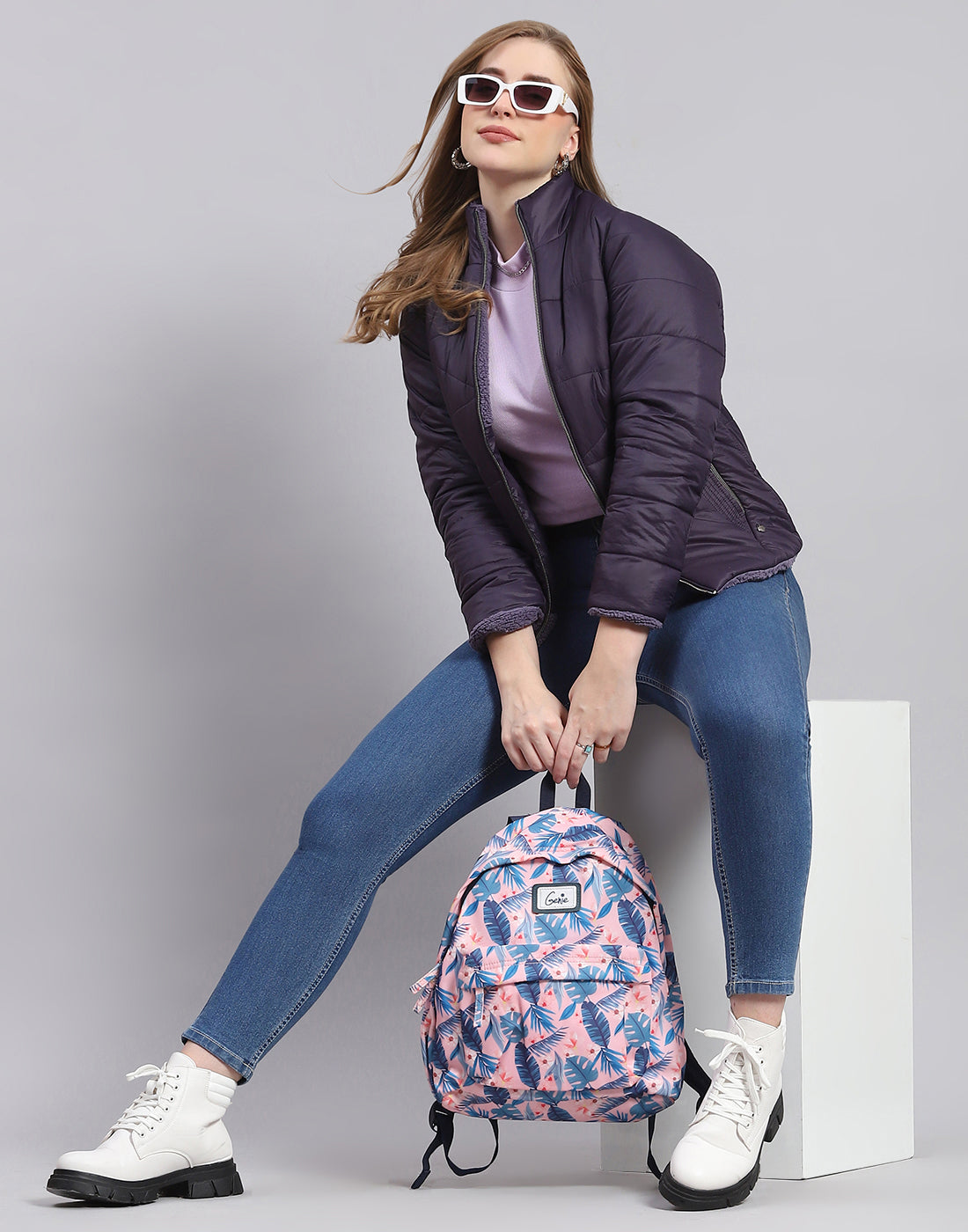 Women Navy Blue Solid Stand Collar Full Sleeve Jacket