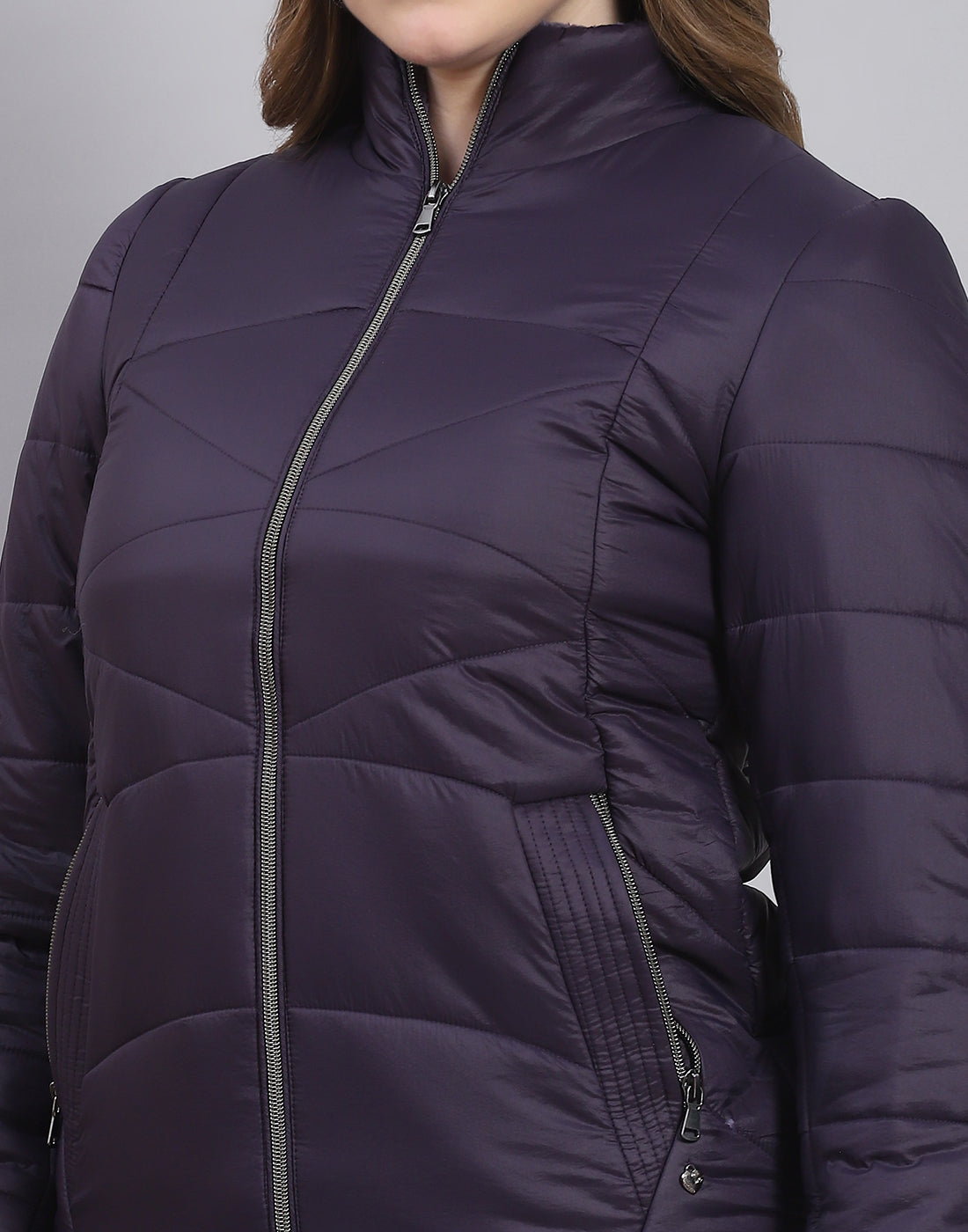 Women Navy Blue Solid Stand Collar Full Sleeve Jacket