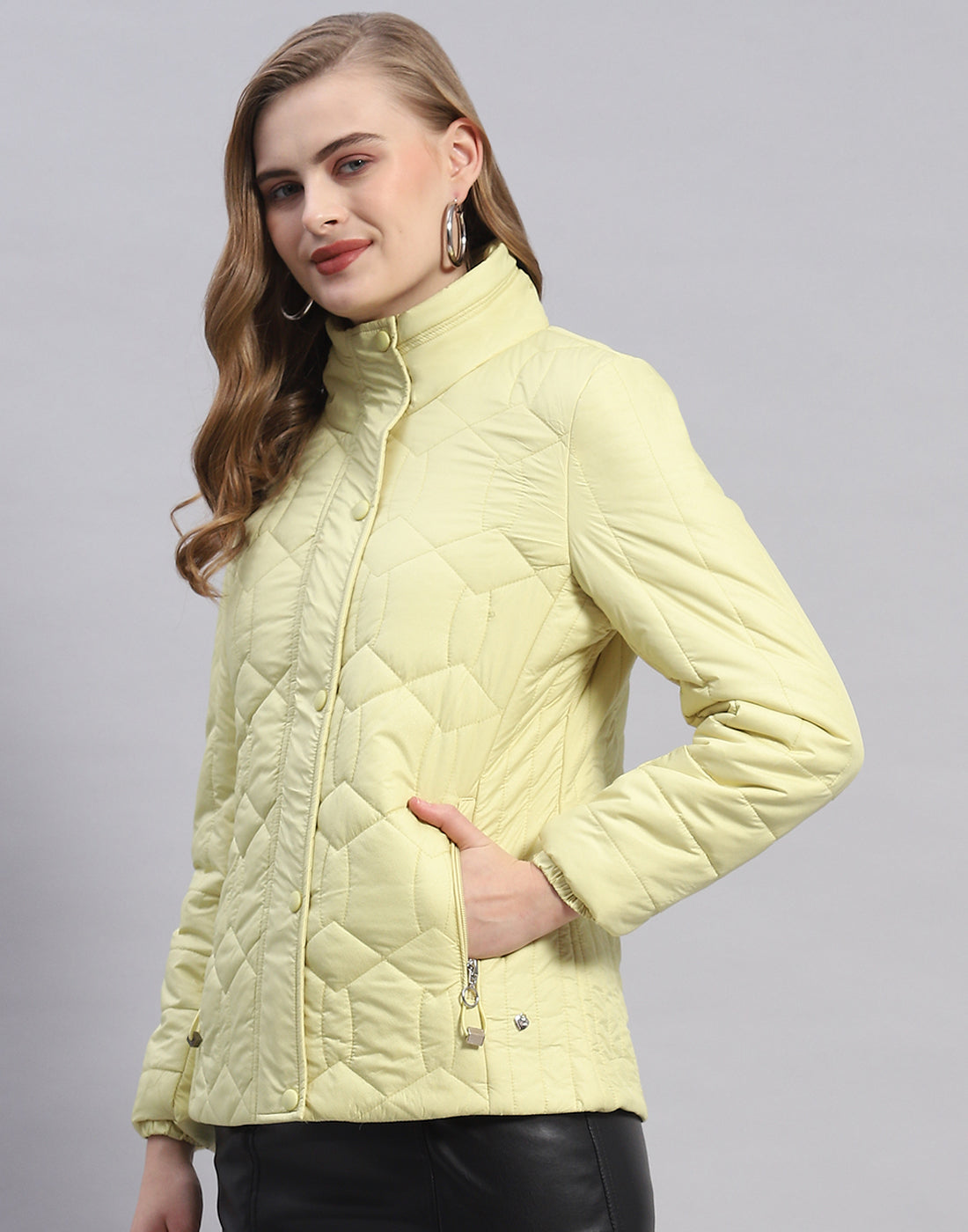 Women Yellow Self Design Stand Collar Full Sleeve Jacket