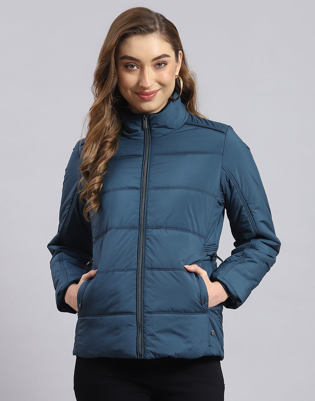 Women Teal Blue Solid Stand Collar Full Sleeve Jacket