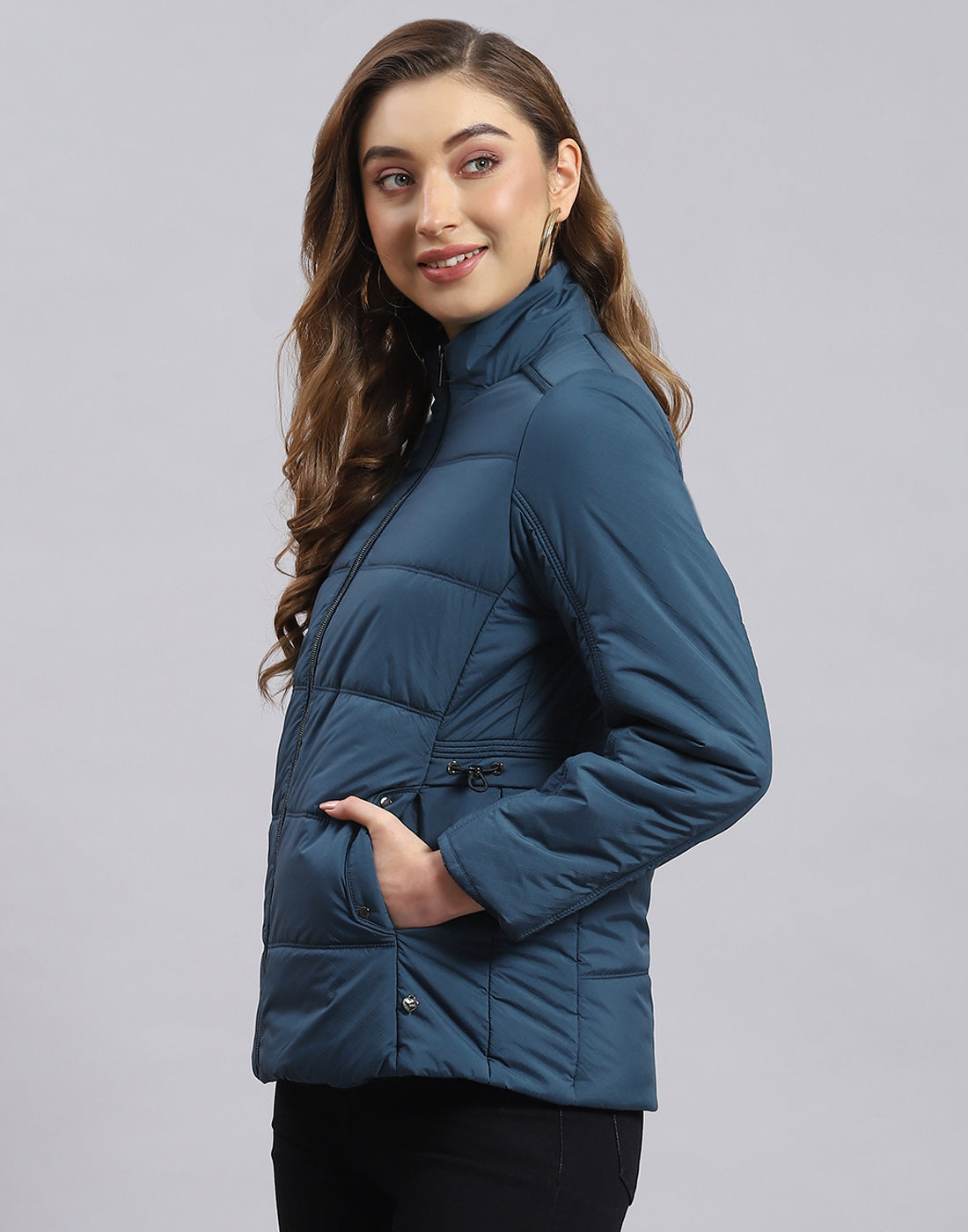 Women Teal Blue Solid Stand Collar Full Sleeve Jacket