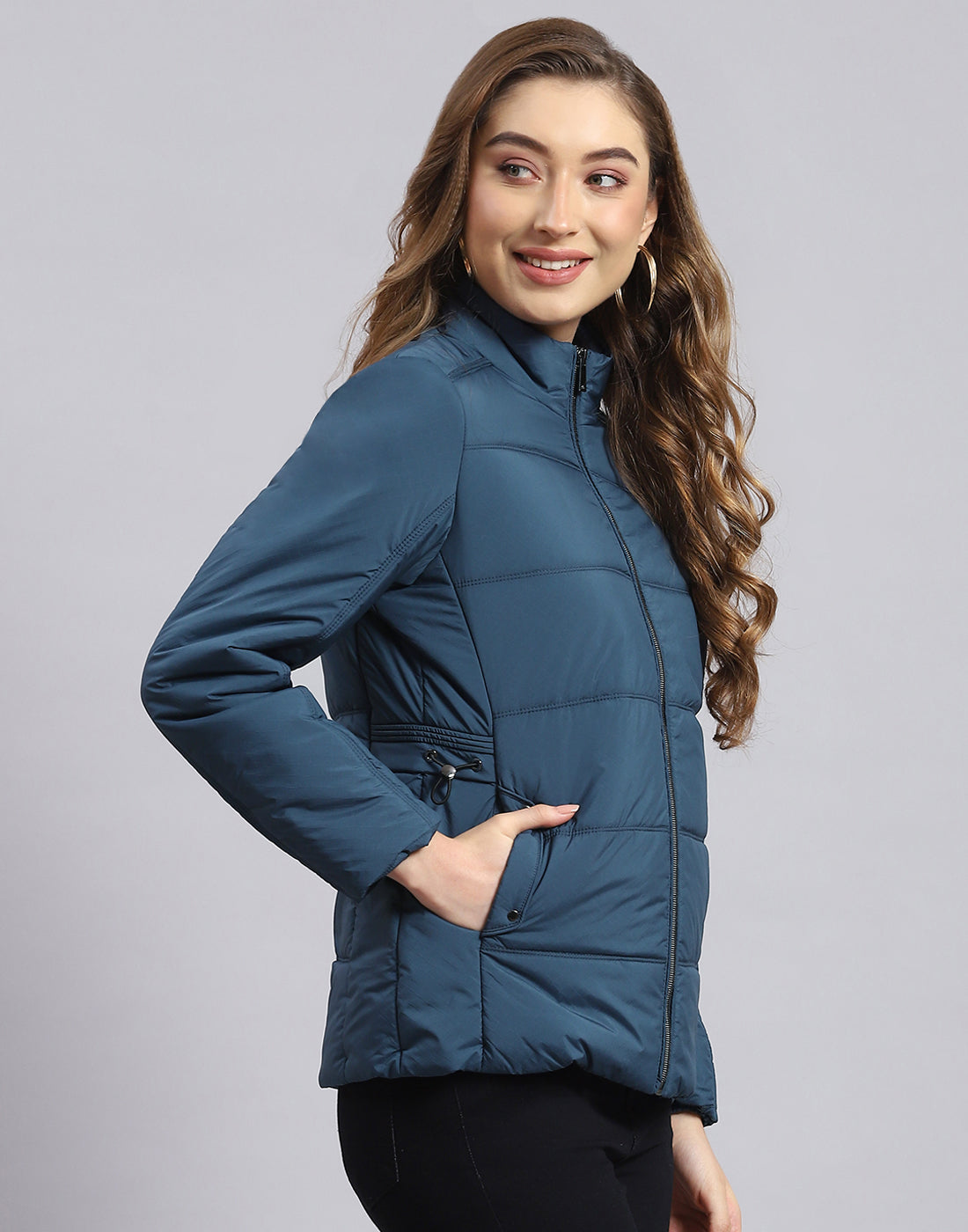 Women Teal Blue Solid Stand Collar Full Sleeve Jacket