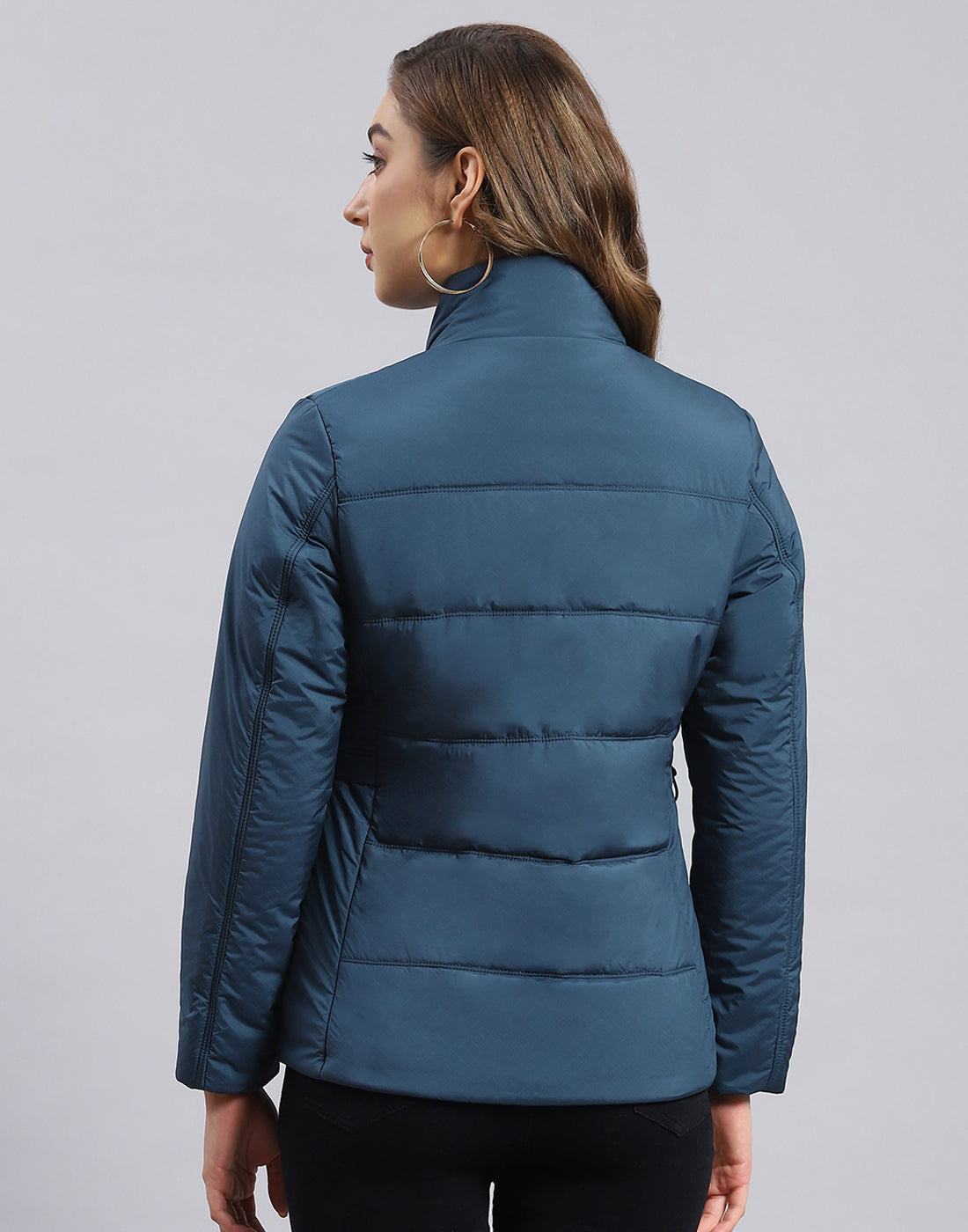 Women Teal Blue Solid Stand Collar Full Sleeve Jacket