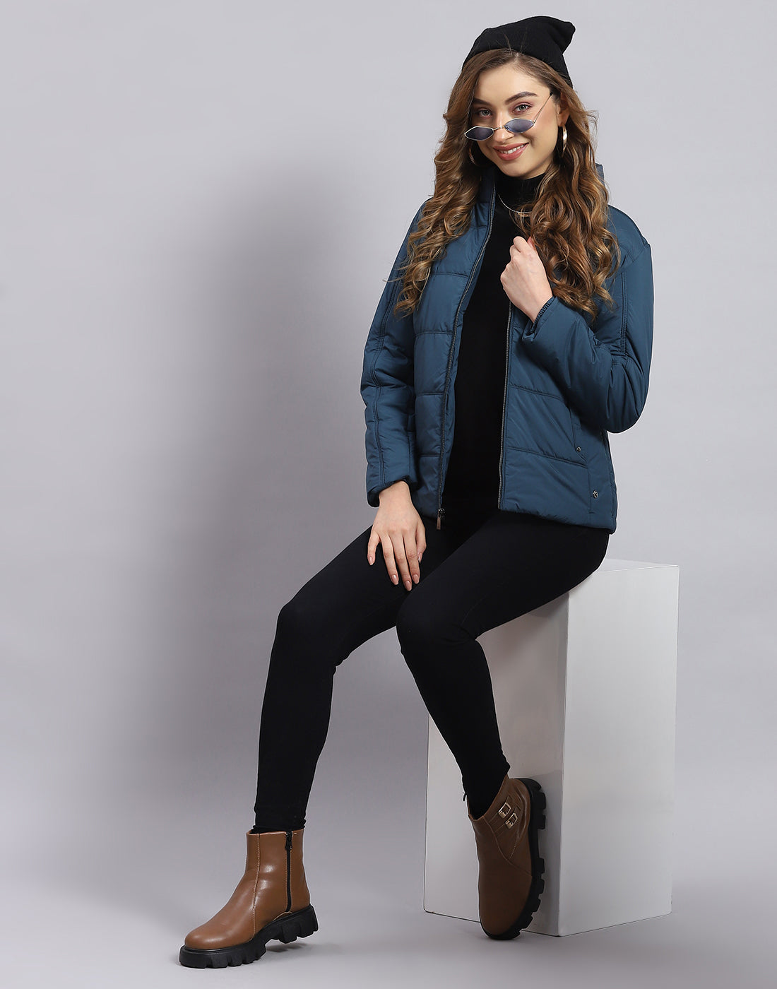 Women Teal Blue Solid Stand Collar Full Sleeve Jacket