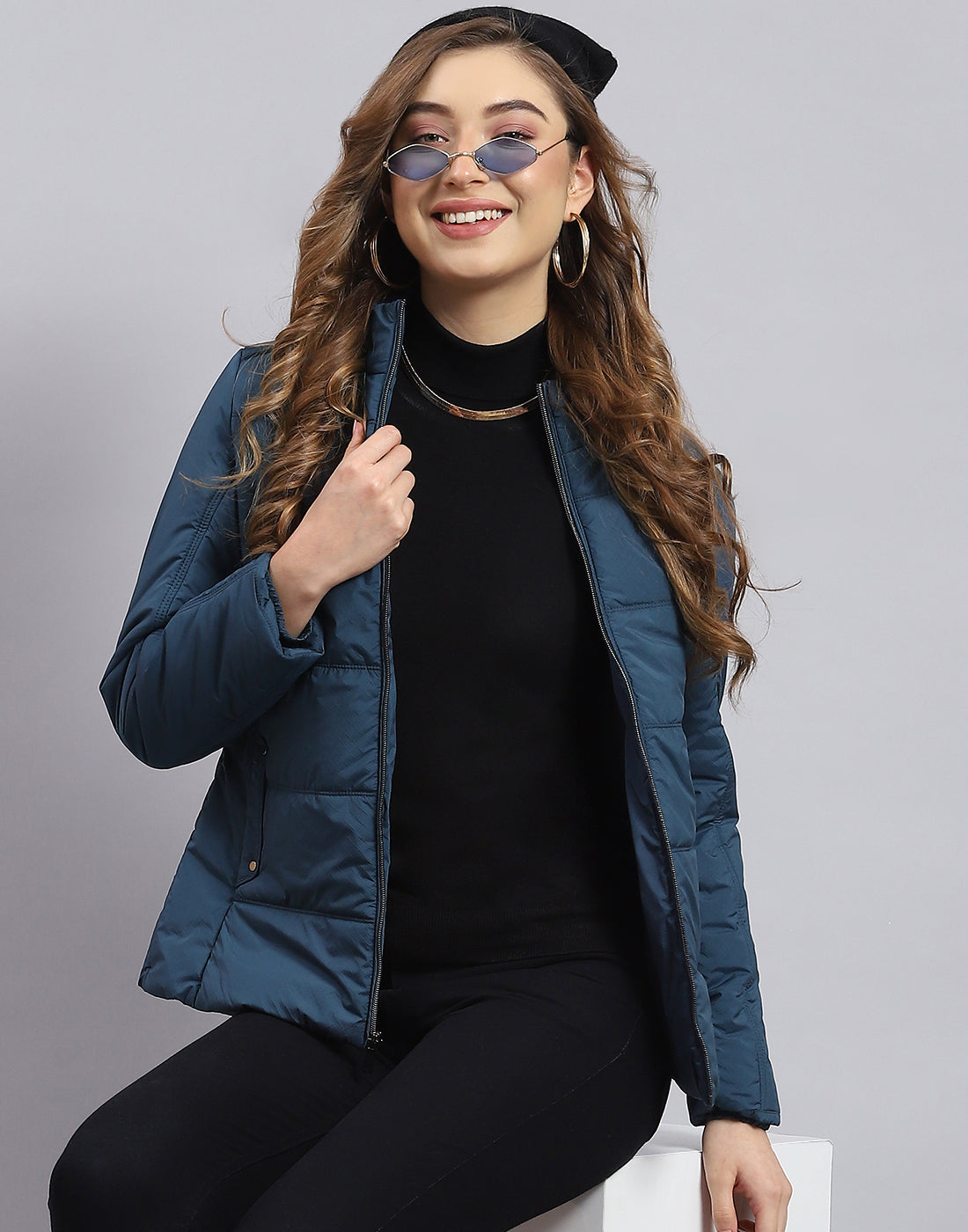 Women Teal Blue Solid Stand Collar Full Sleeve Jacket