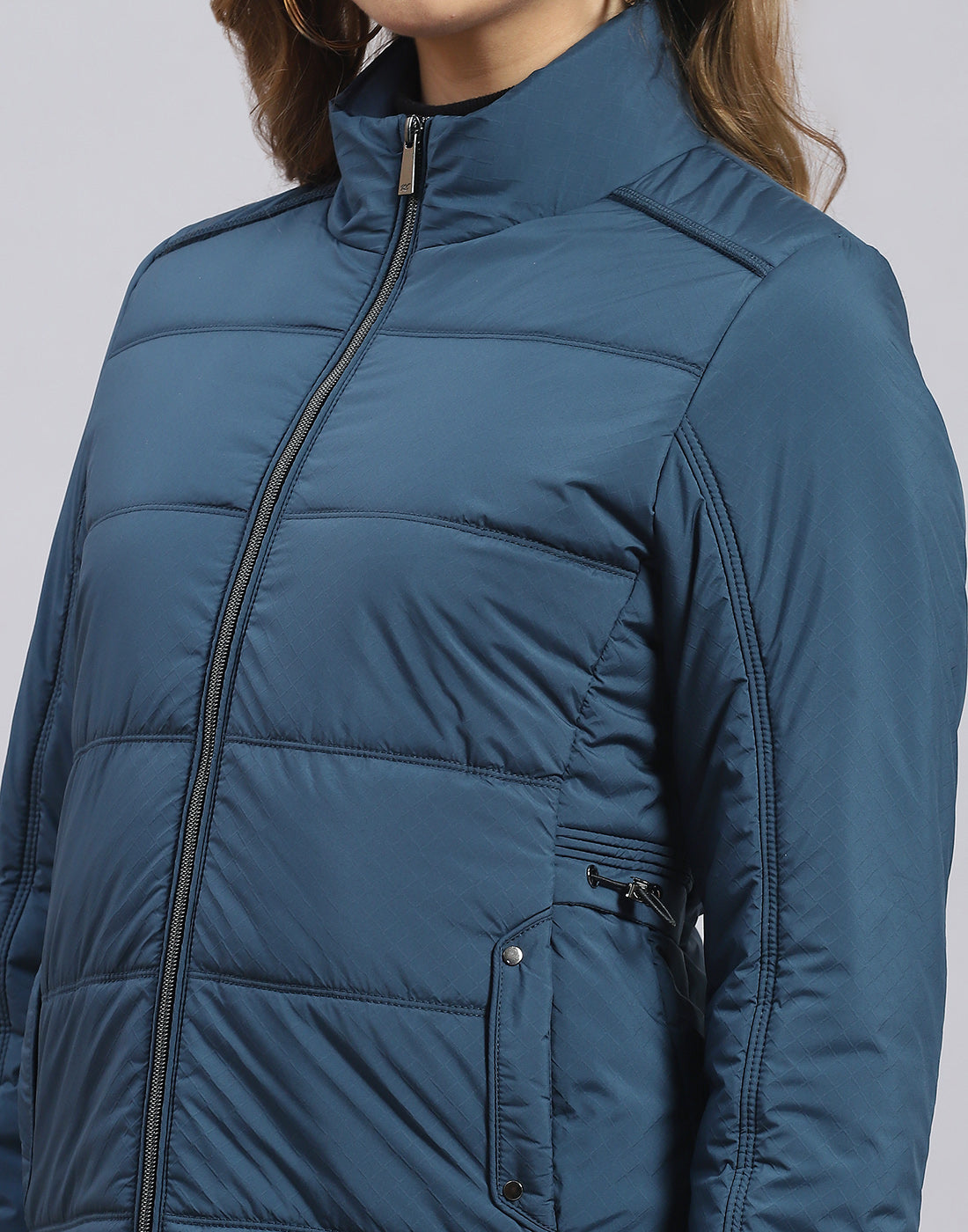 Women Teal Blue Solid Stand Collar Full Sleeve Jacket