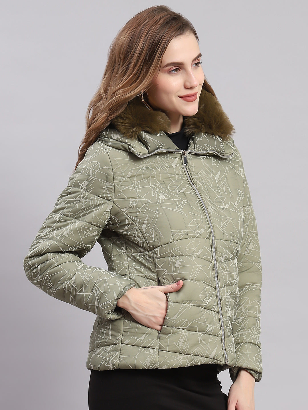 Women Olive Printed Spread Collar Full Sleeve Jackets