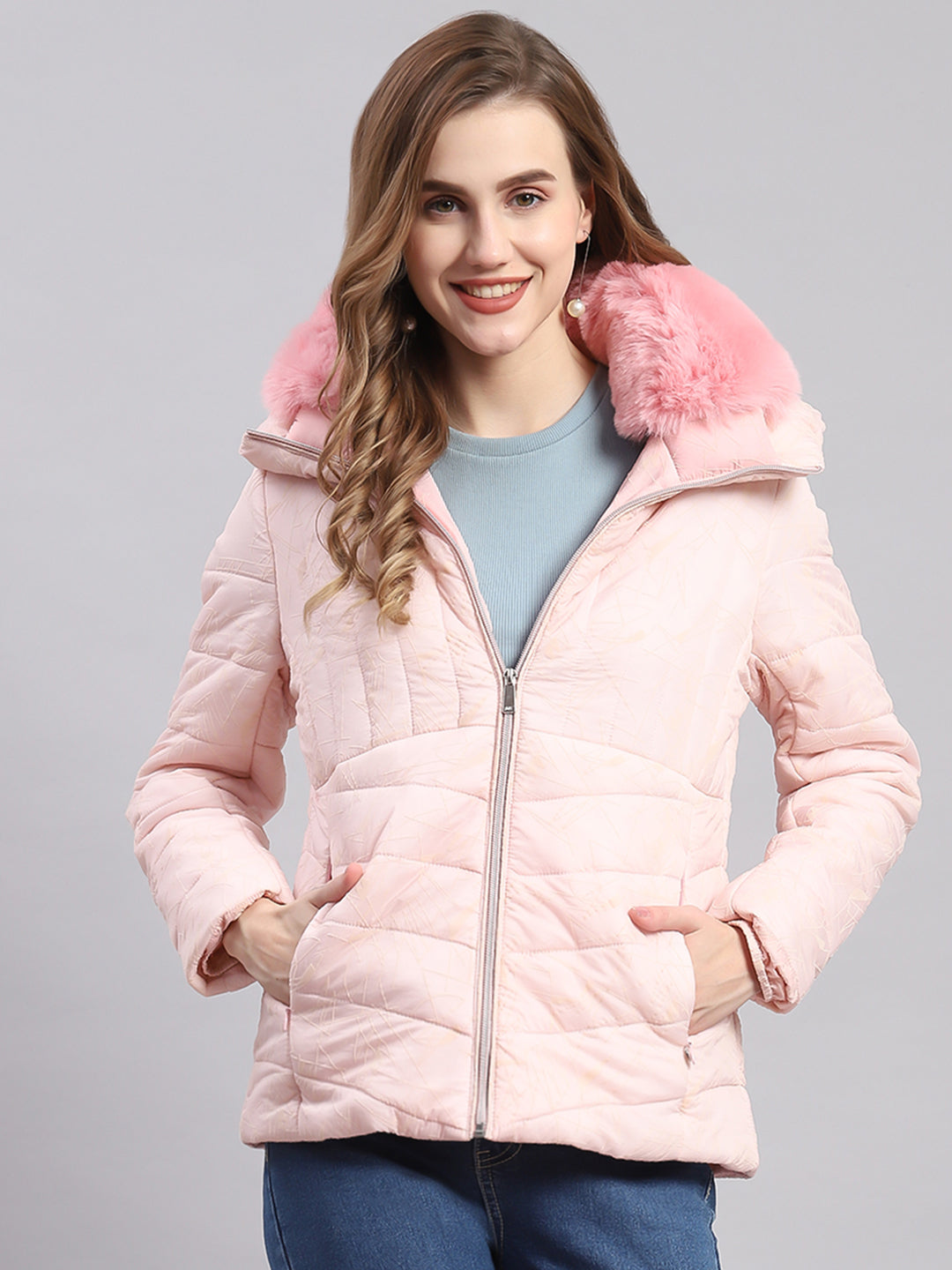 Women Pink Printed Spread Collar Full Sleeve Jackets