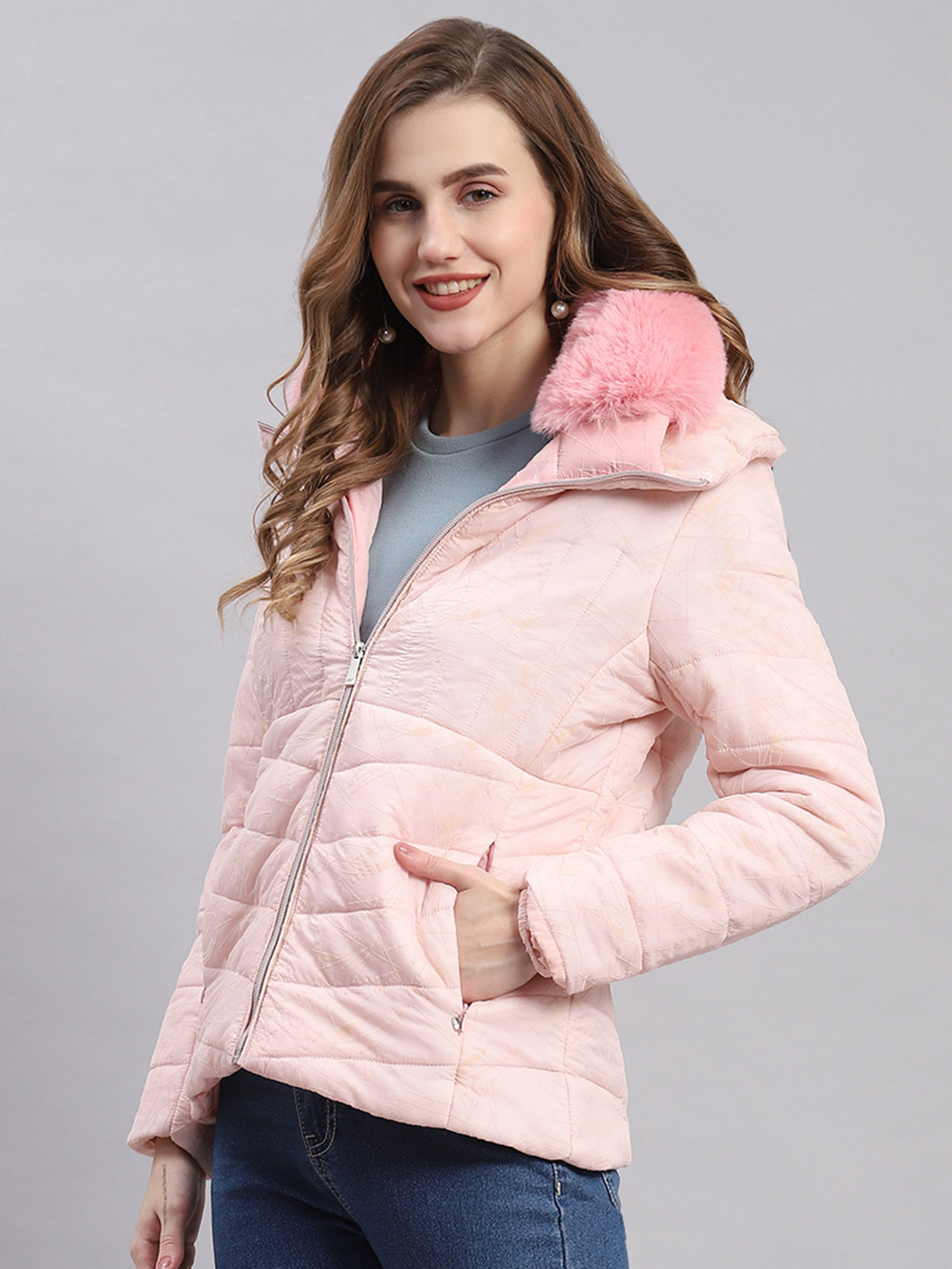 Women Pink Printed Spread Collar Full Sleeve Jackets