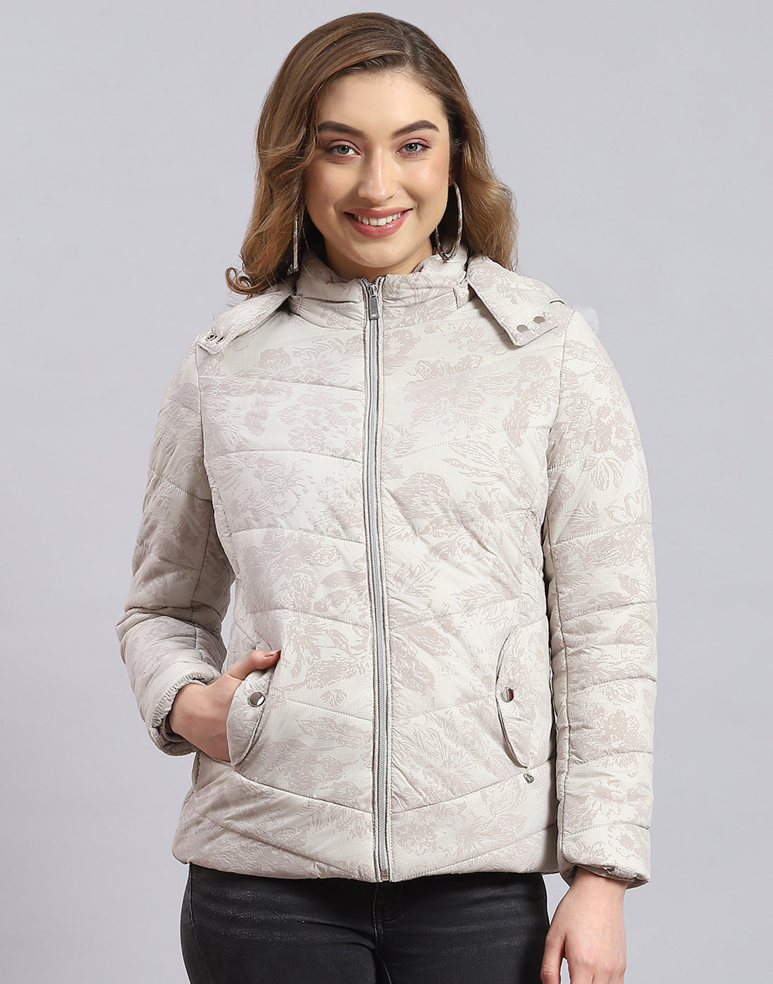 Women Beige Printed Hooded Full Sleeve Jacket