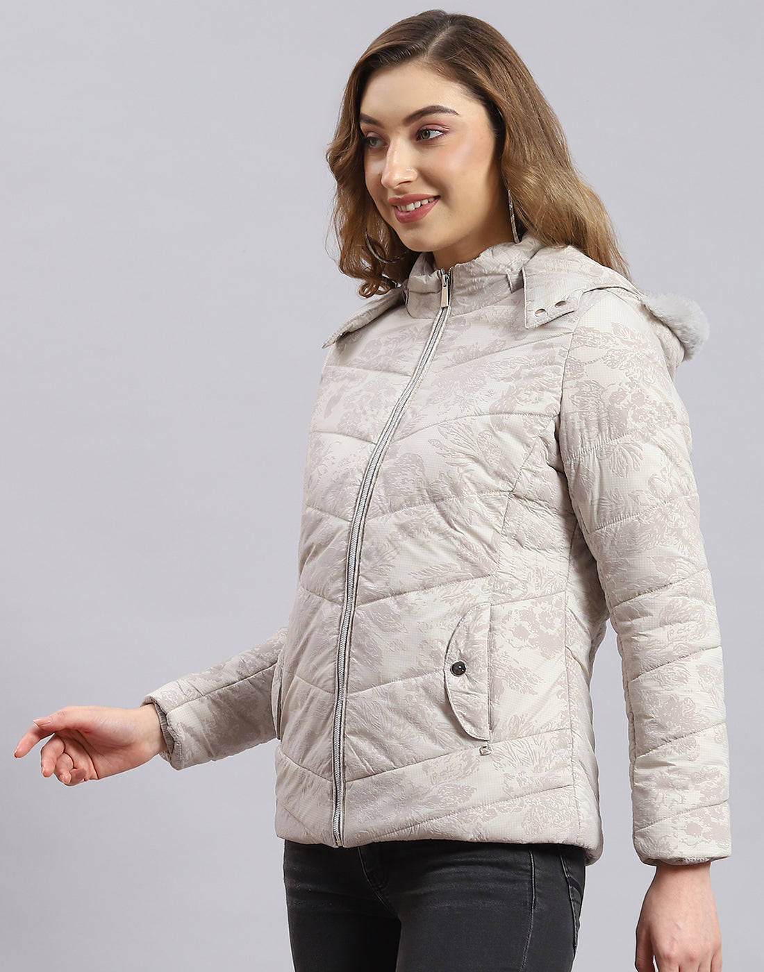 Women Beige Printed Hooded Full Sleeve Jacket