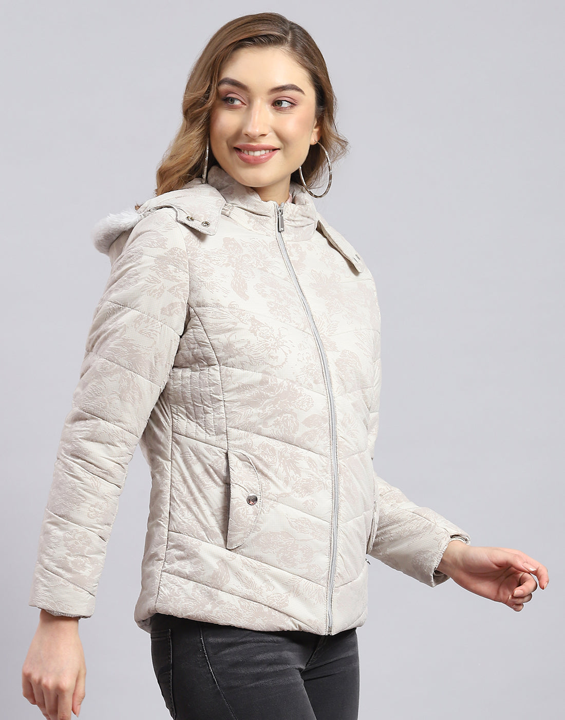 Women Beige Printed Hooded Full Sleeve Jacket