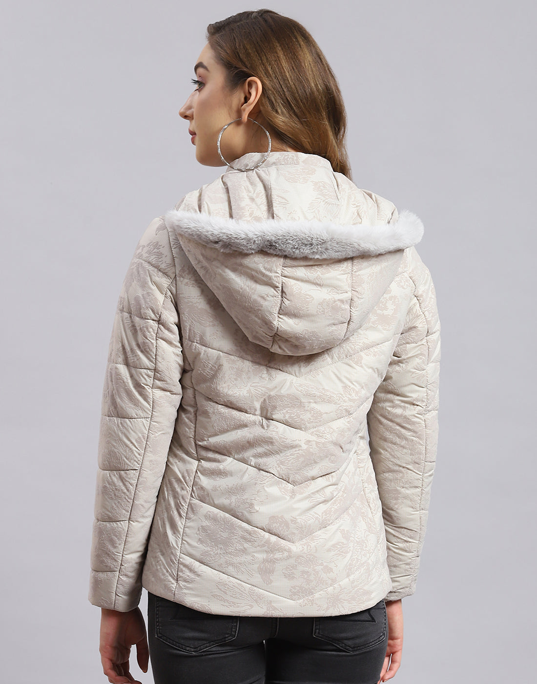 Women Beige Printed Hooded Full Sleeve Jacket