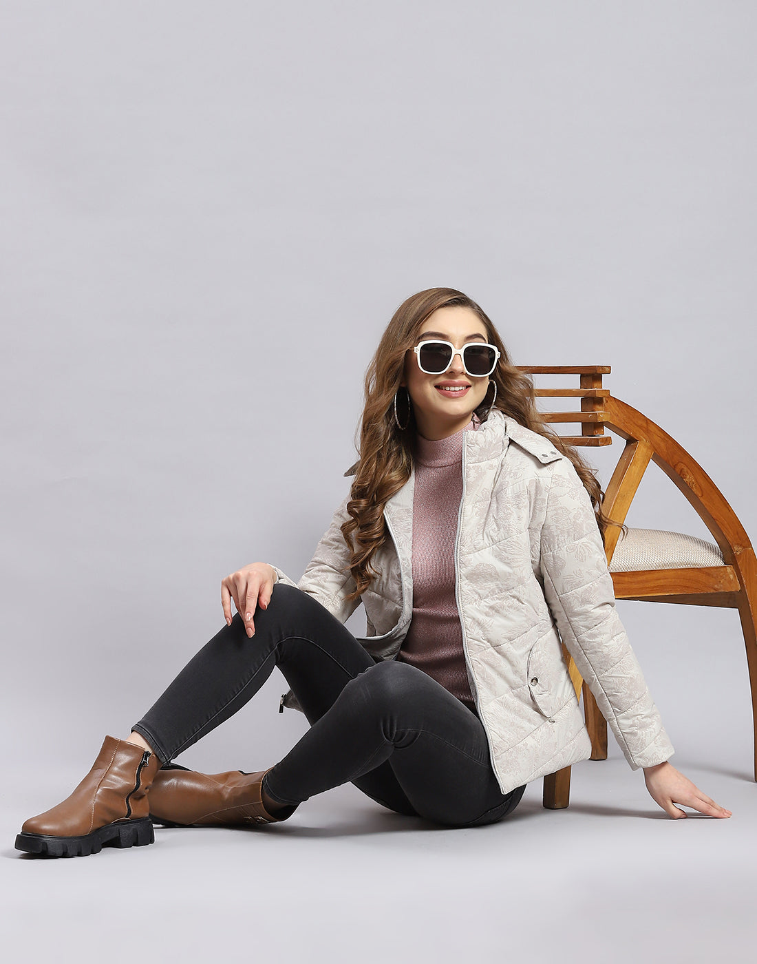 Women Beige Printed Hooded Full Sleeve Jacket