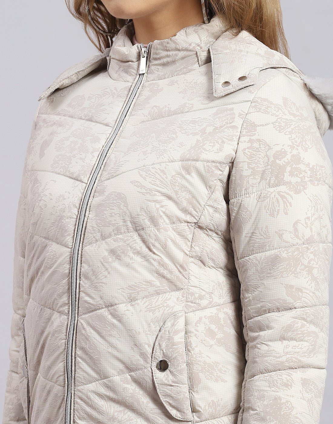 Women Beige Printed Hooded Full Sleeve Jacket