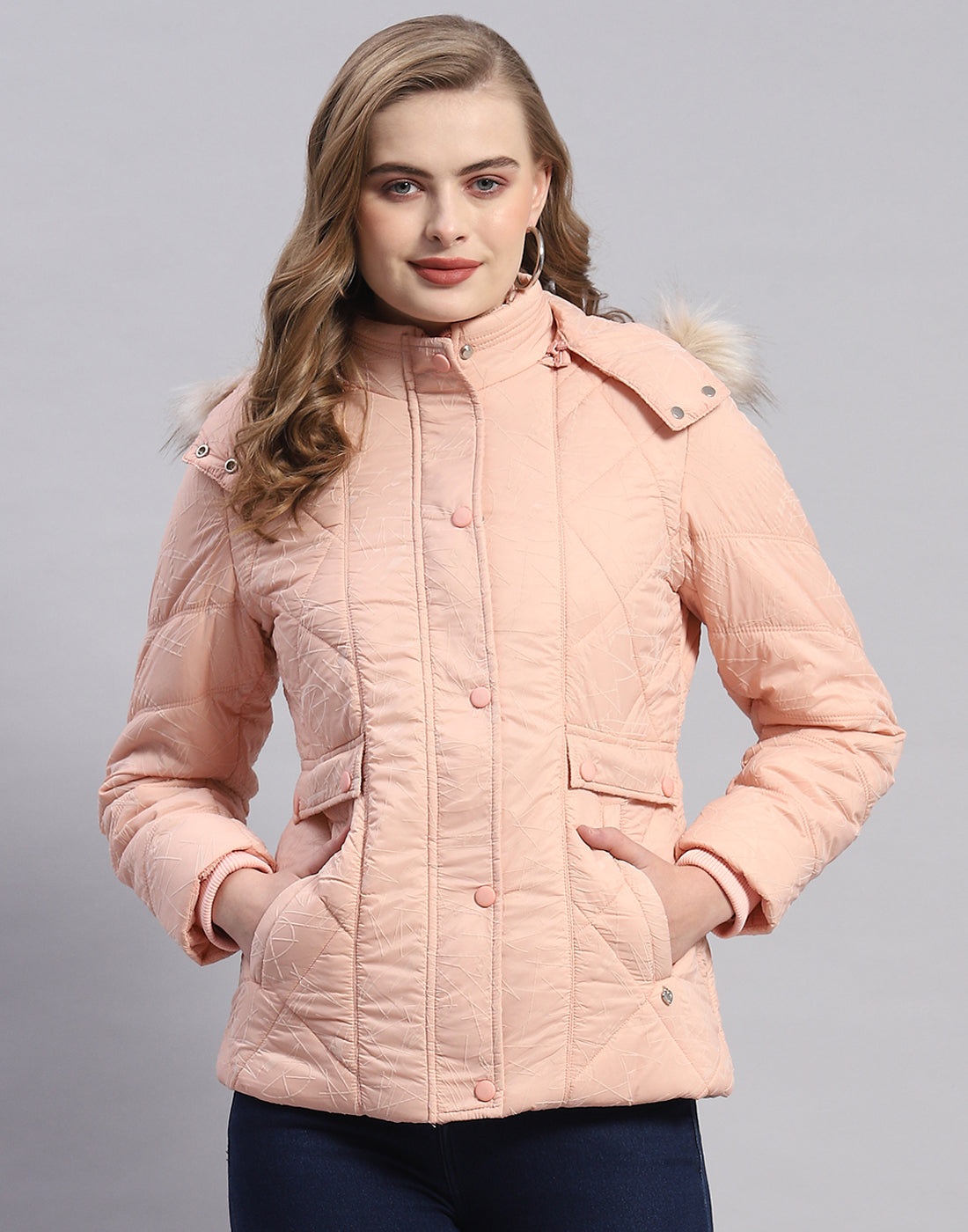 Women Peach Solid Hooded Full Sleeve Jacket