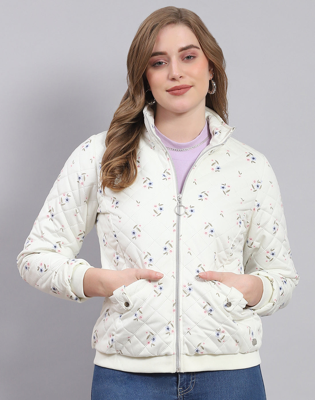 Women Off White Printed Stand Collar Full Sleeve Jacket