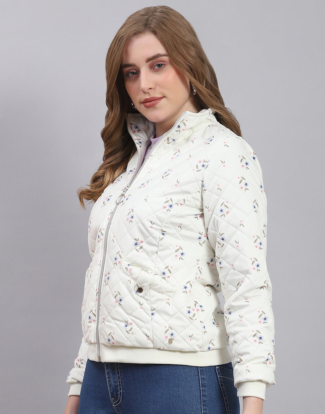 Women Off White Printed Stand Collar Full Sleeve Jacket