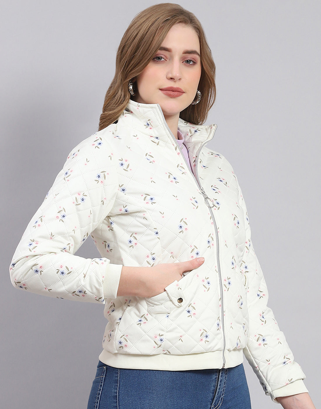 Women Off White Printed Stand Collar Full Sleeve Jacket