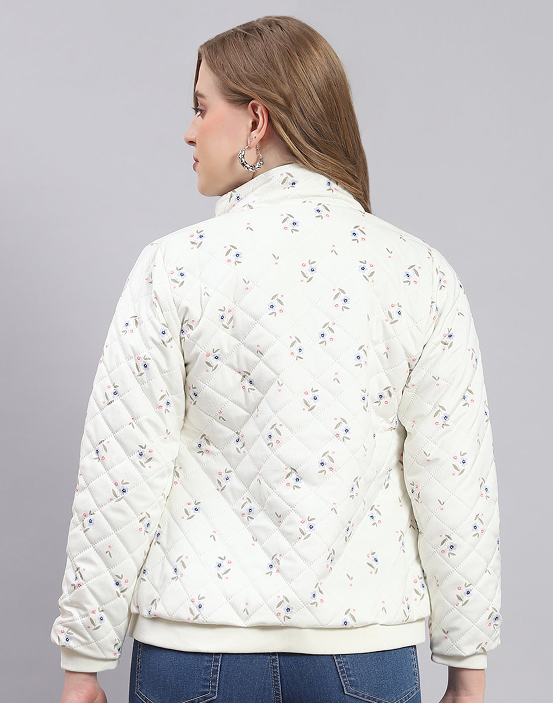 Women Off White Printed Stand Collar Full Sleeve Jacket