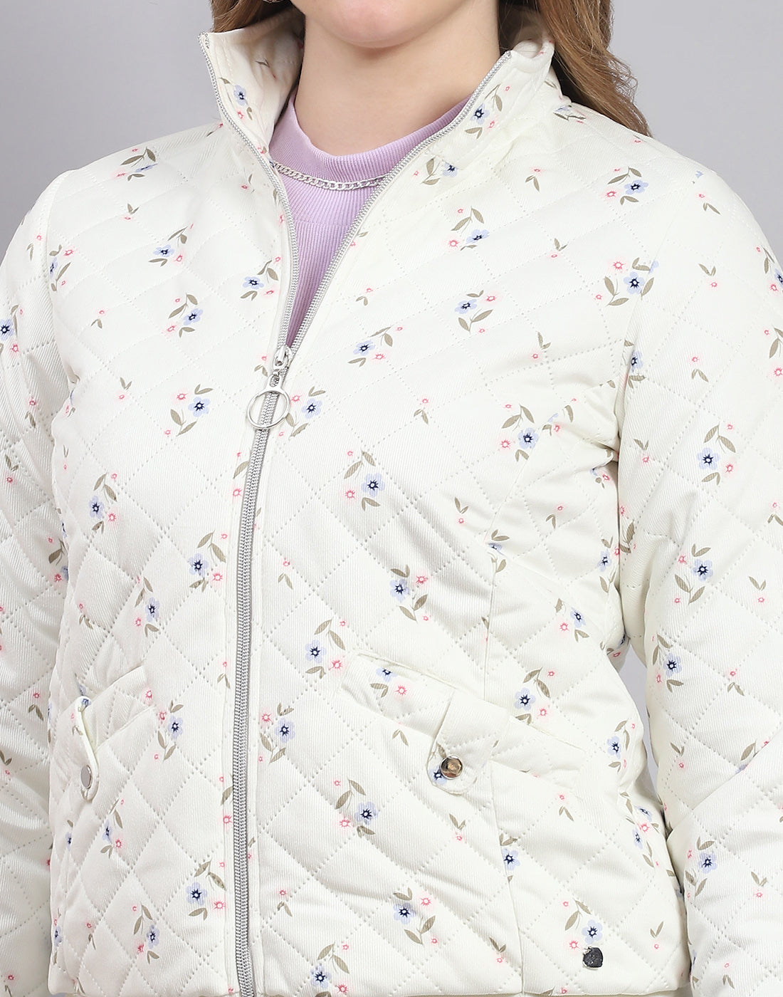 Women Off White Printed Stand Collar Full Sleeve Jacket