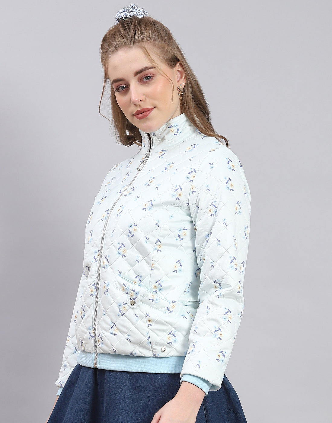 Women Blue Printed Stand Collar Full Sleeve Jacket