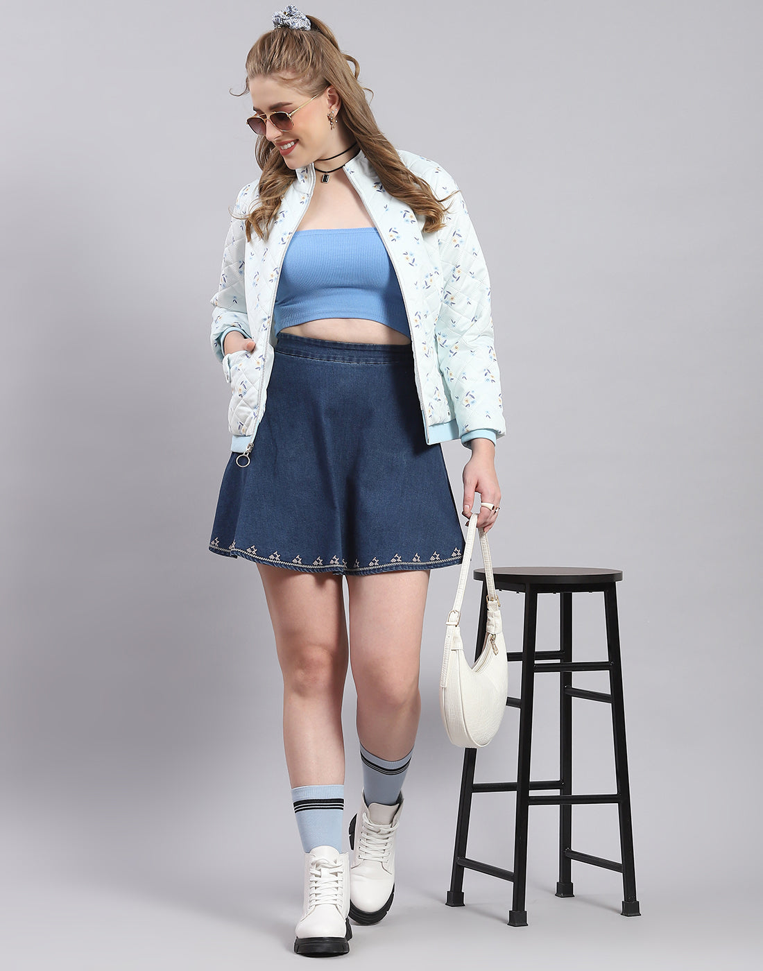 Women Blue Printed Stand Collar Full Sleeve Jacket