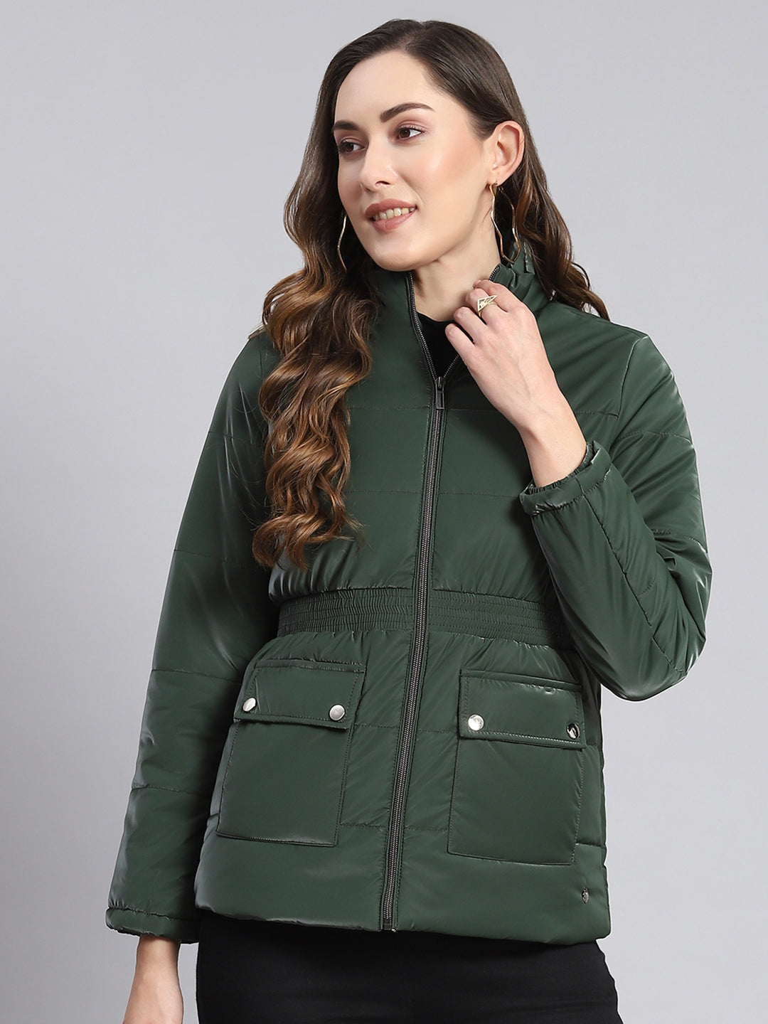 Women Green Solid Stand Collar Full Sleeve Jackets