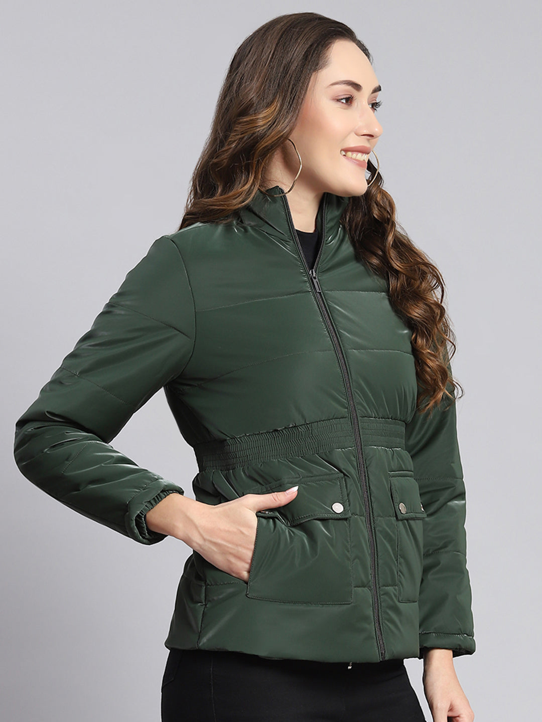 Women Green Solid Stand Collar Full Sleeve Jackets
