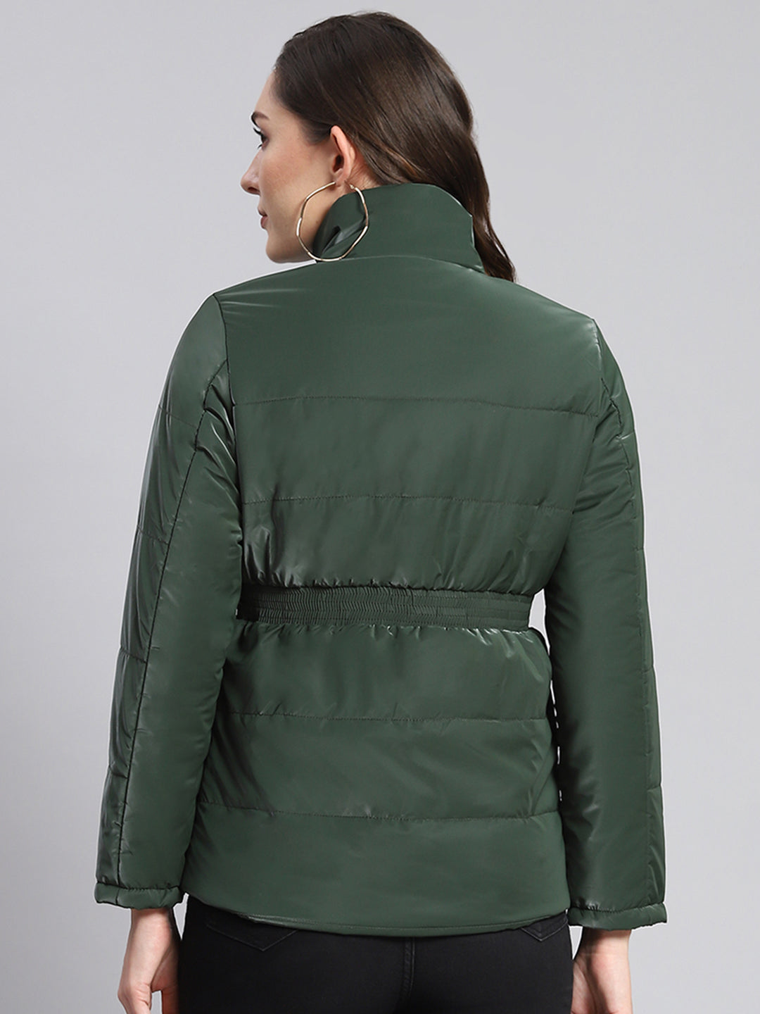 Women Green Solid Stand Collar Full Sleeve Jackets