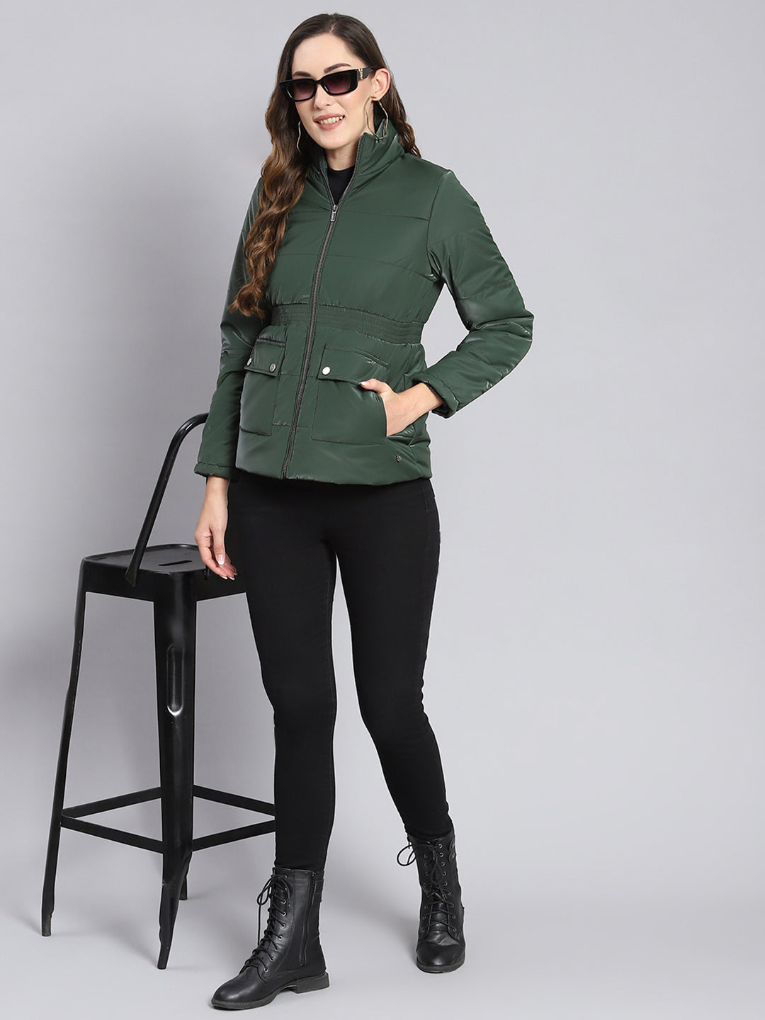Women Green Solid Stand Collar Full Sleeve Jackets