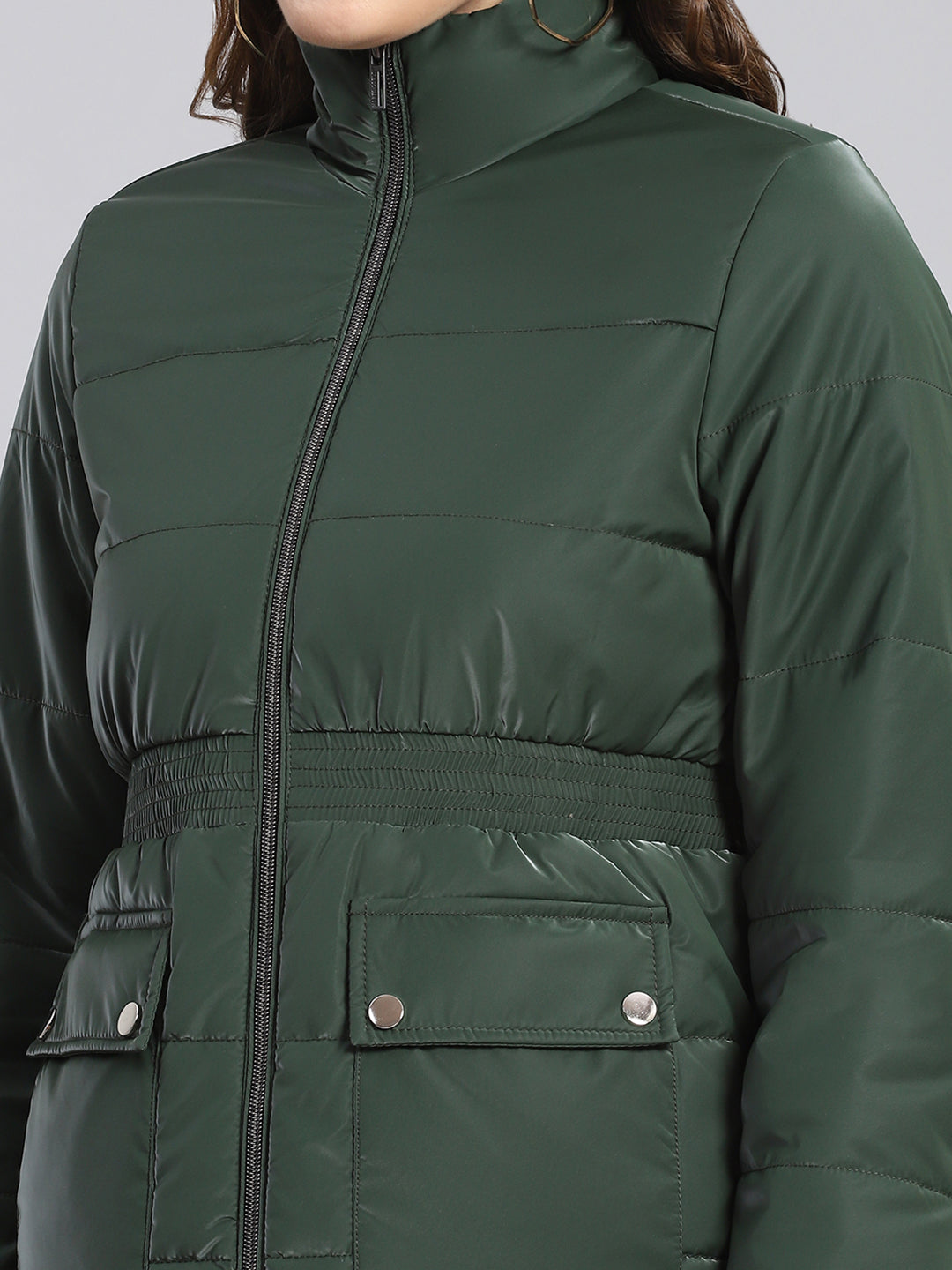 Women Green Solid Stand Collar Full Sleeve Jackets