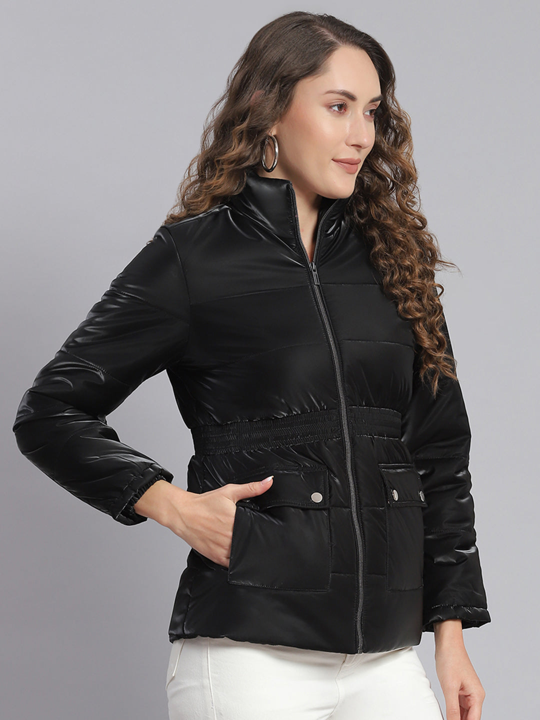 Women Black Solid Stand Collar Full Sleeve Jackets