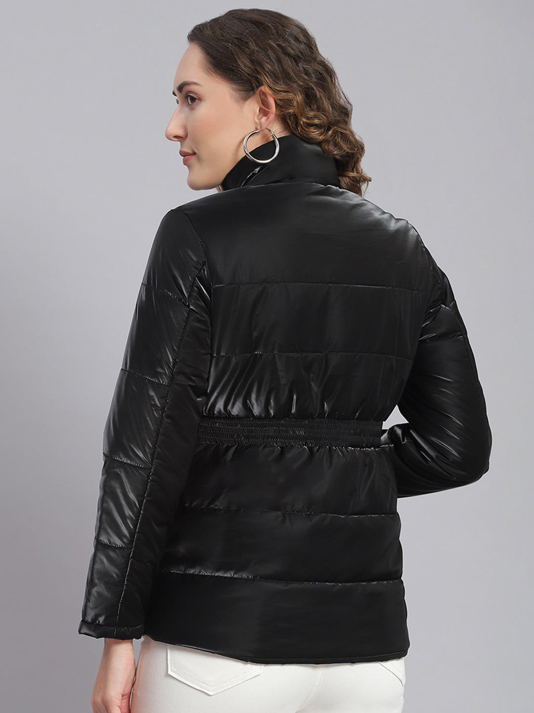 Women Black Solid Stand Collar Full Sleeve Jackets