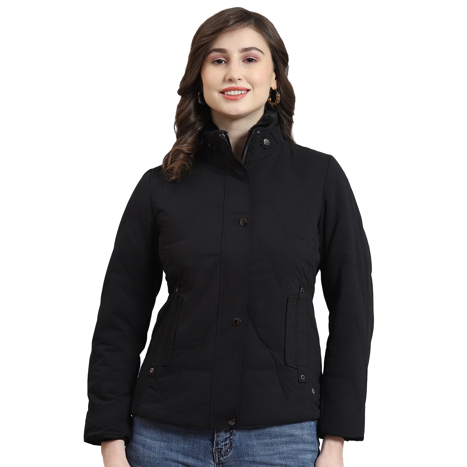 Women Black Solid Stand Collar Full Sleeve Jacket