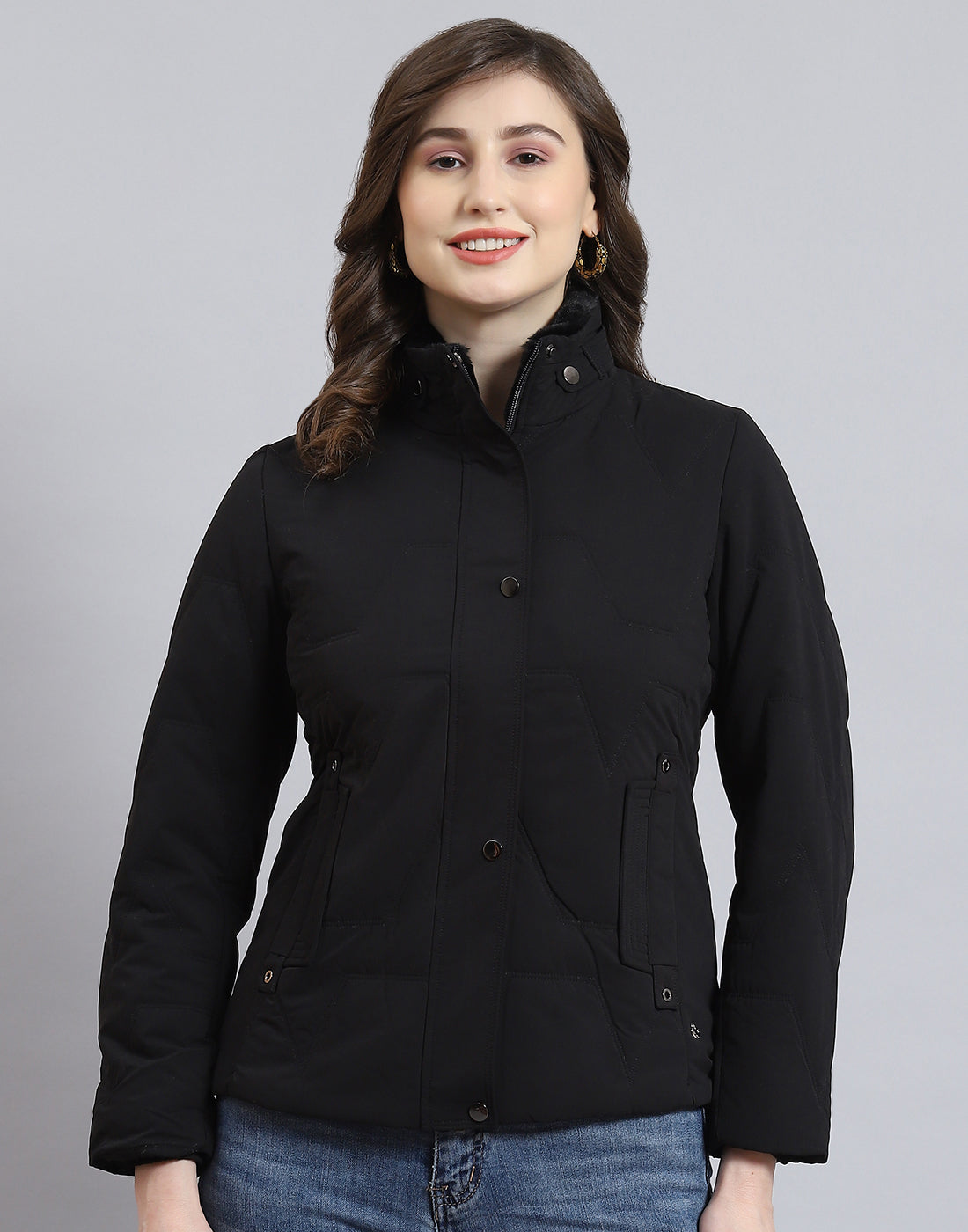 Women Black Solid Stand Collar Full Sleeve Jacket