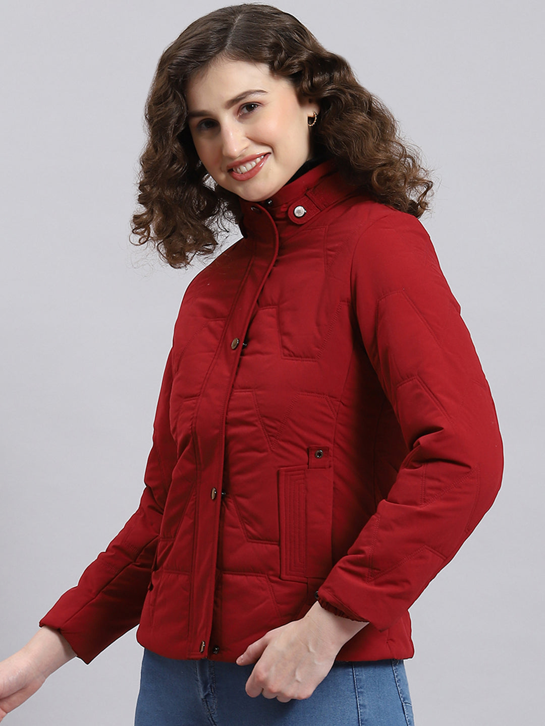 Women Maroon Solid Stand Collar Full Sleeve Jacket