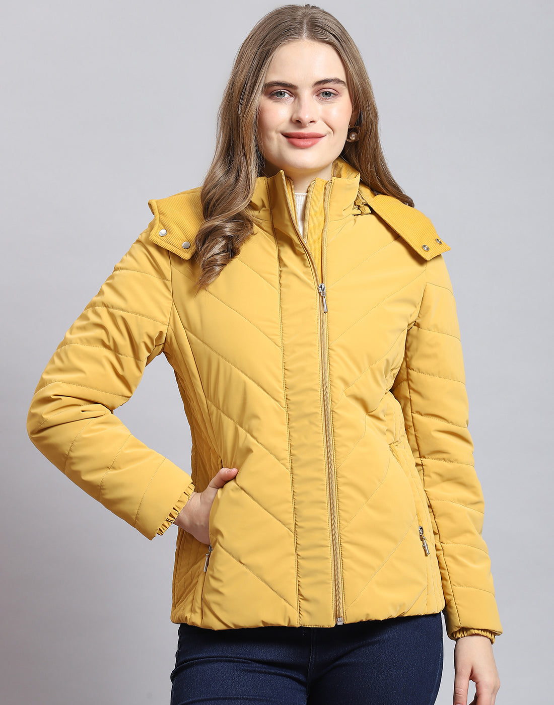 Women Mustard Solid Hooded Full Sleeve Jacket