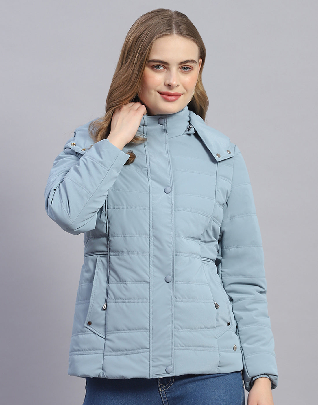 Women Blue Solid Hooded Full Sleeve Jacket