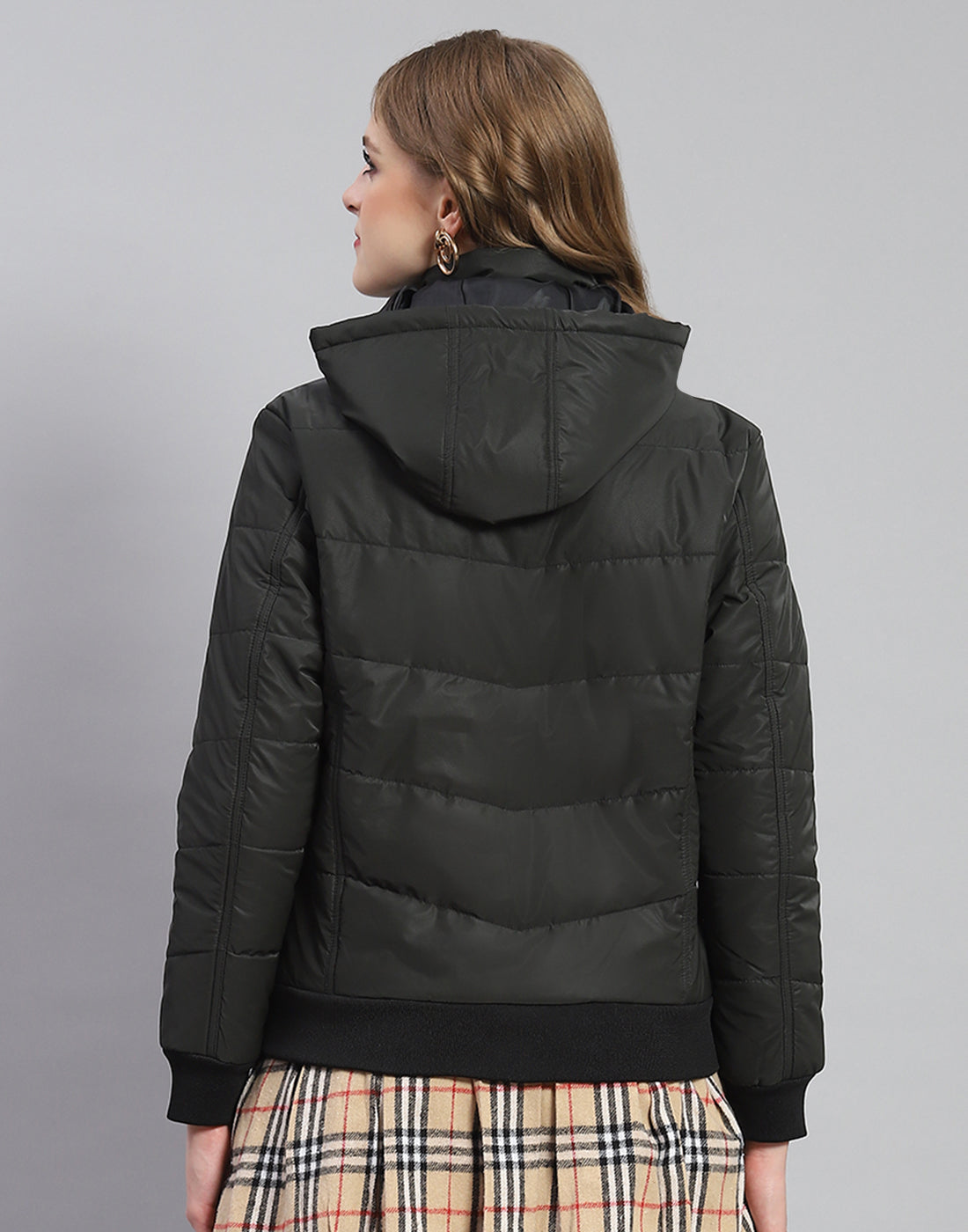 Women Olive Solid Hooded Full Sleeve Jacket