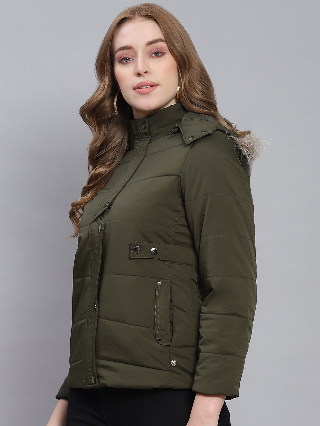 Women Olive Solid Hooded Full Sleeve Jackets
