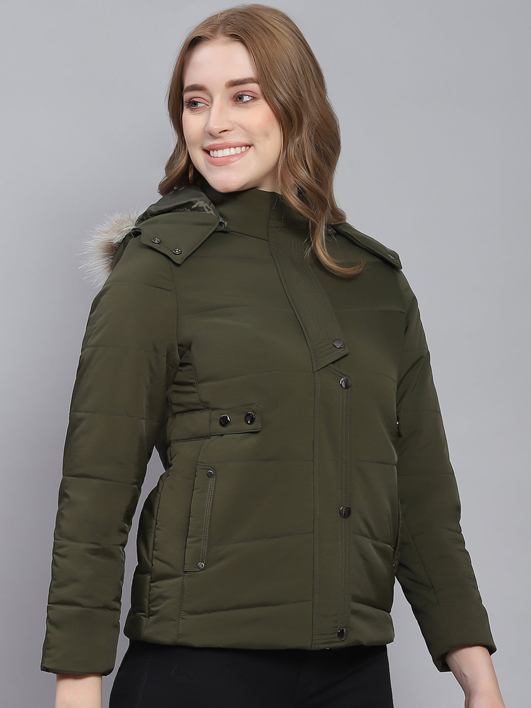 Women Olive Solid Hooded Full Sleeve Jackets