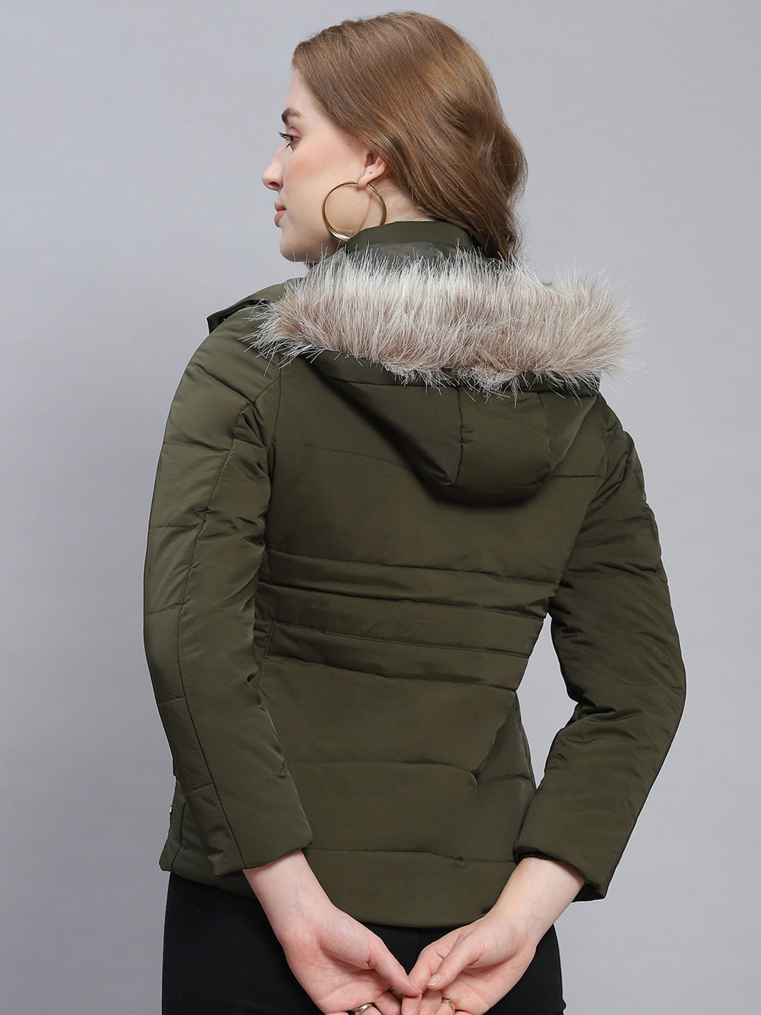 Women Olive Solid Hooded Full Sleeve Jackets